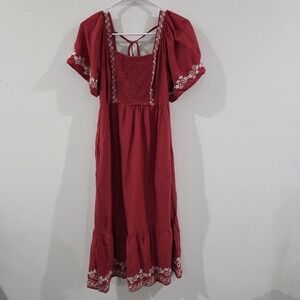 Old Navy Milkmaid Midi Dress Size Small Red Boho Smocked Floral Puff Sleeve